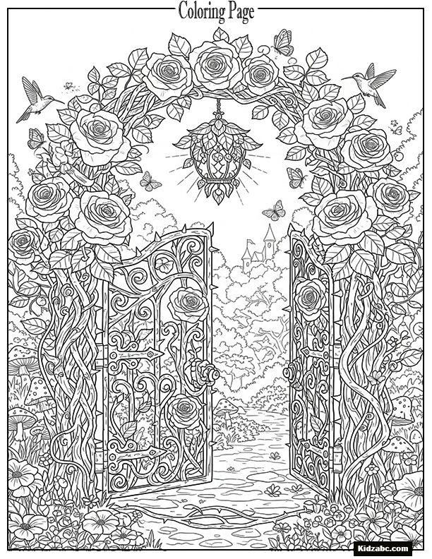 A magical garden gate made of vines and blooming roses