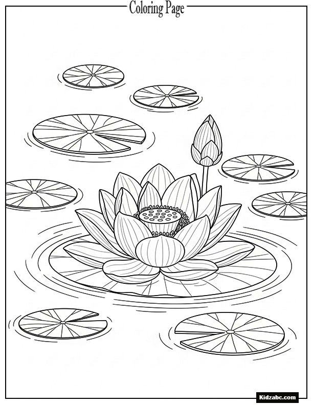 A serene coloring page of a water lily and pads