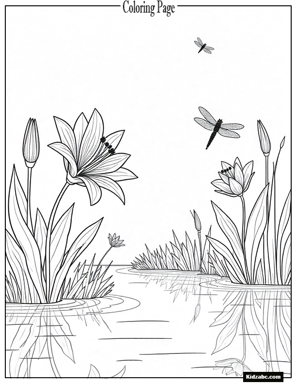 A peaceful white lily garden with dragonflies flying over still water reflections.