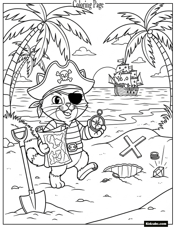 A pirate cat on a treasure hunt with a map