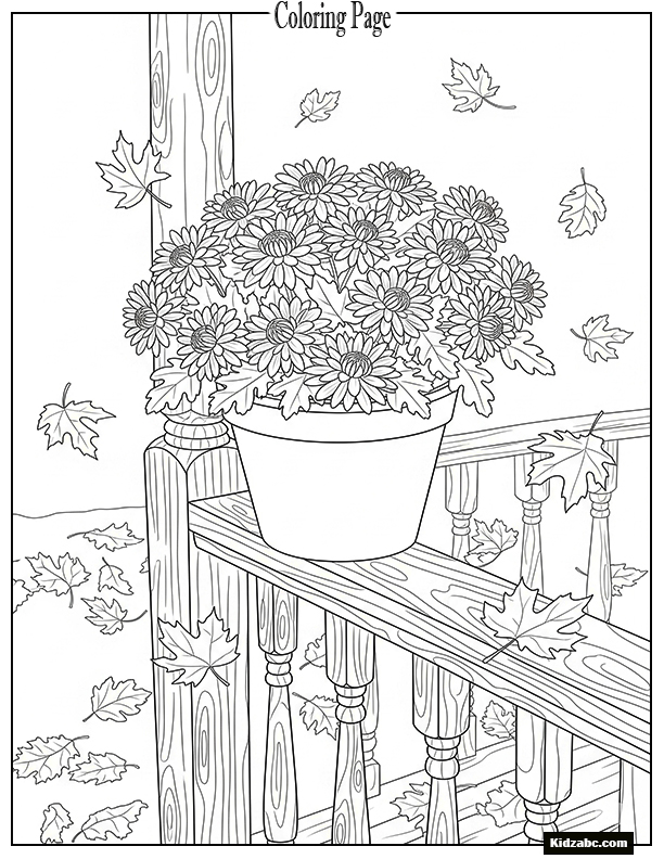 A pot of chrysanthemums placed on a porch railing with falling leaves around.