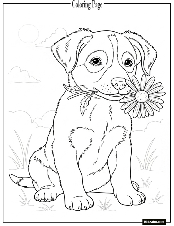 A puppy holding a daisy in its mouth