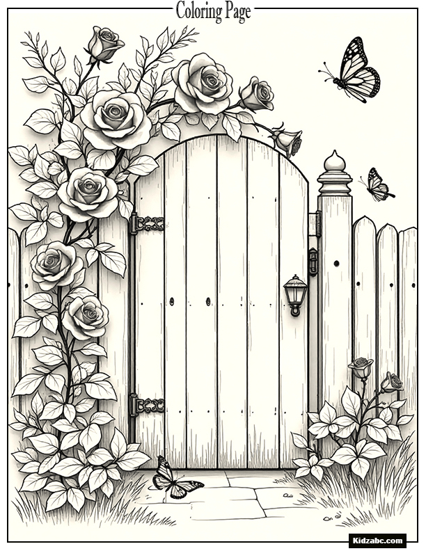 A romantic rose bush climbing up a vintage garden gate with fluttering butterflies.