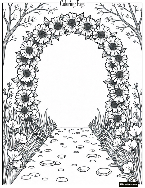 A romantic wedding arch made of ranunculus flowers with flower petals on the aisle.