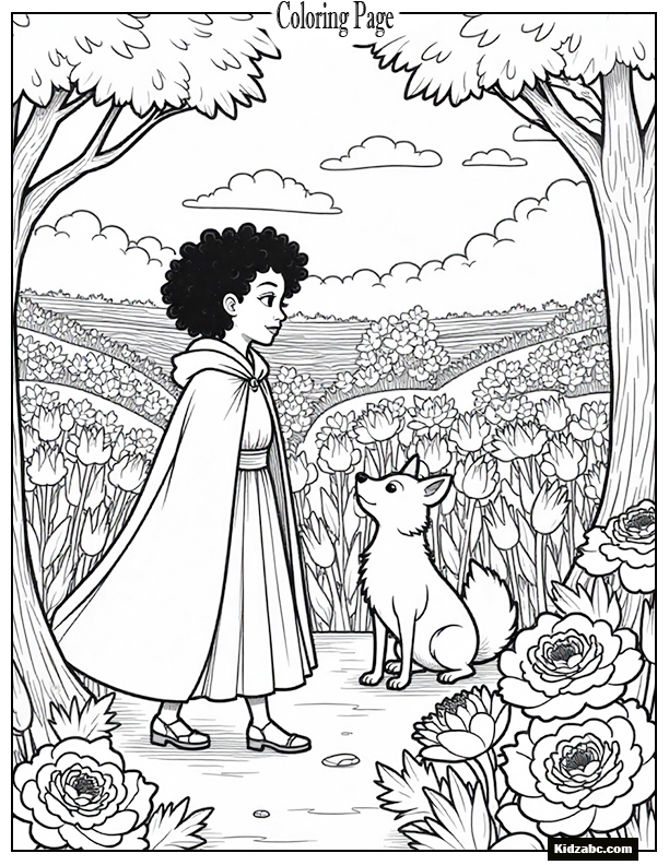 A royal peony garden maze with a princess and her pet fox searching for treasure.