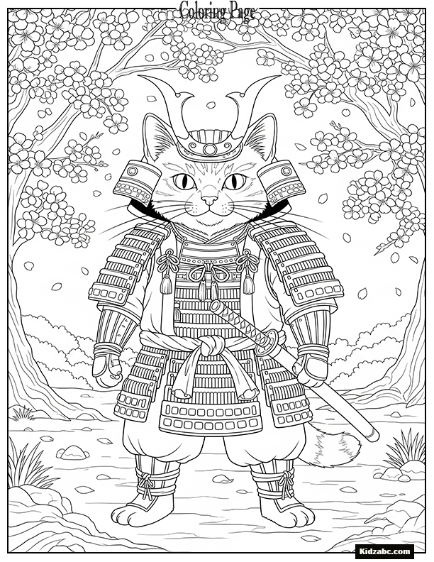 A samurai cat in a cherry blossom garden