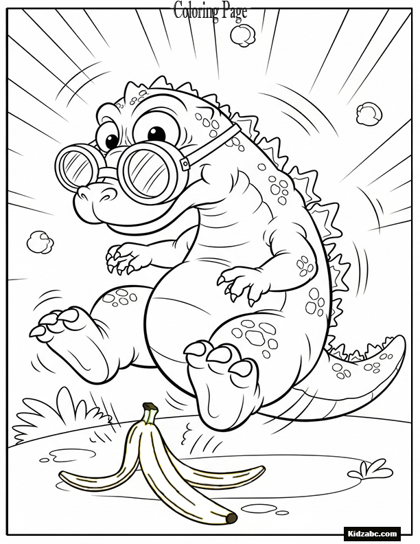 A silly cartoon Godzilla slipping on a banana peel