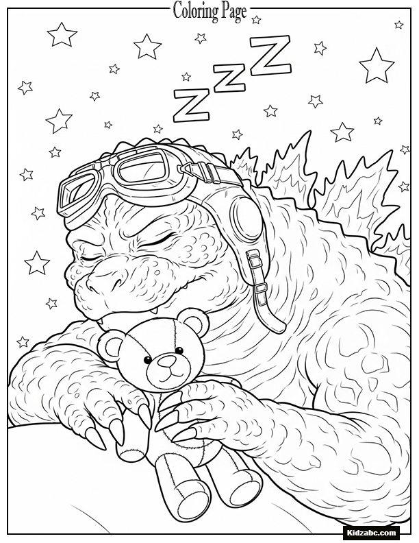 A sleepy Godzilla hugging a teddy bear under the stars