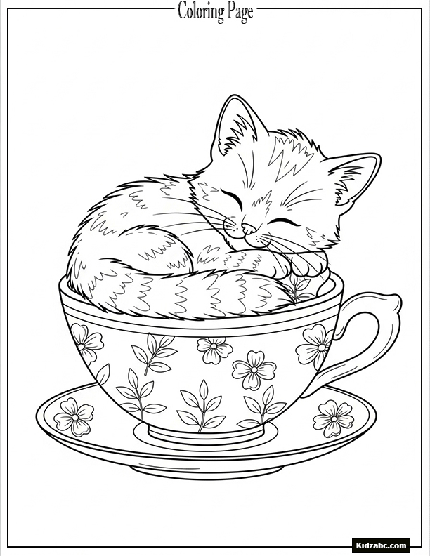 A sleepy cat curled in a teacup