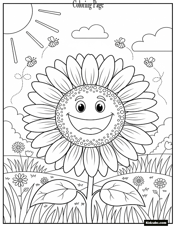 A smiling sunflower in a sunny meadow with buzzing bees