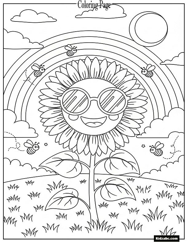 A smiling sunflower wearing sunglasses