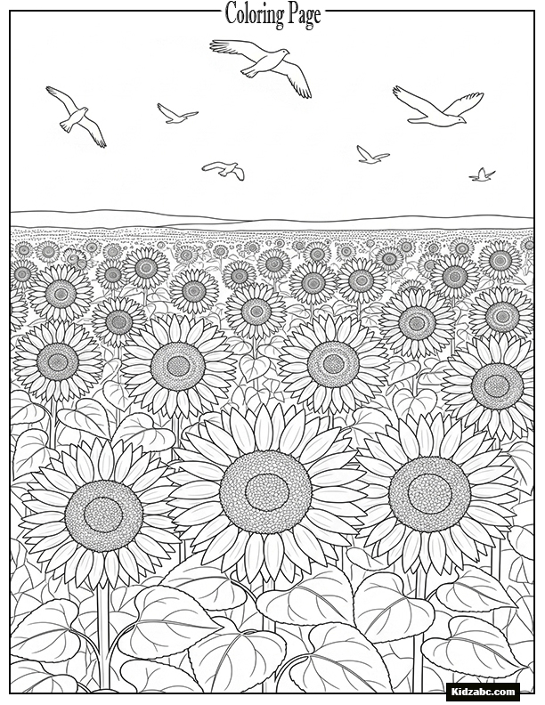 A sunflower field under sky with birds flying