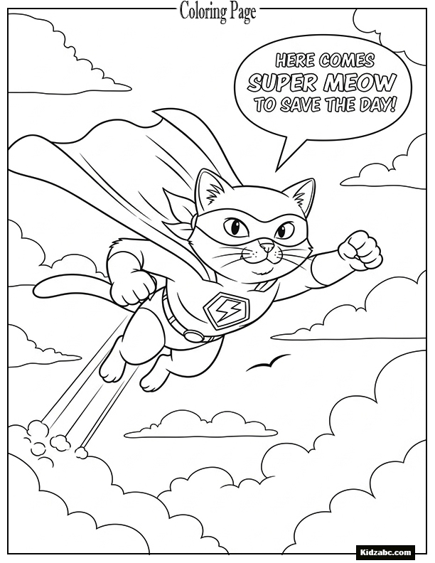 A superhero cat flying through the sky