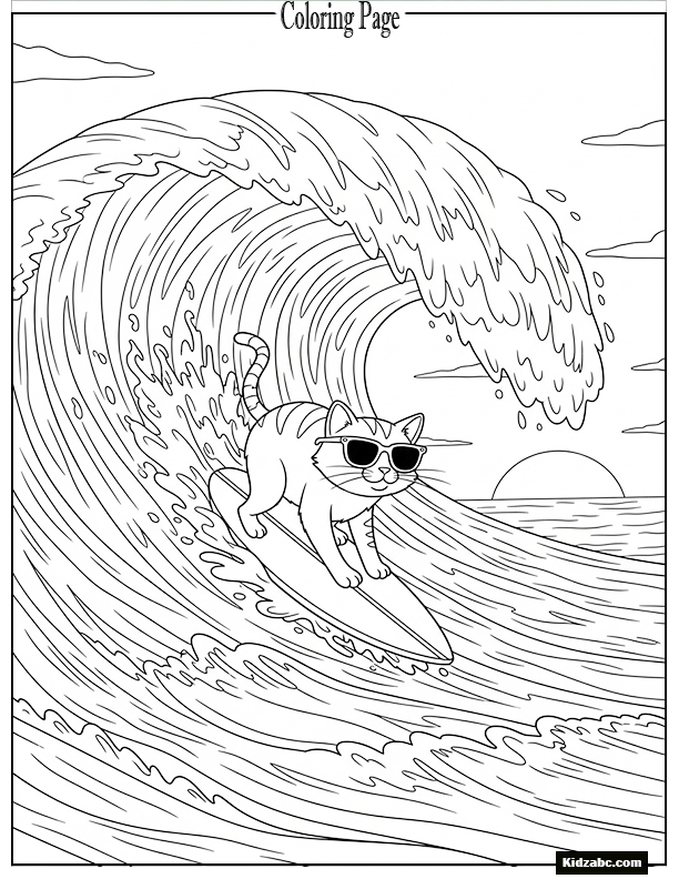 A surfing cat riding a giant wave
