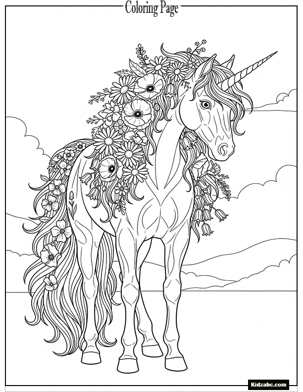 A unicorn with a mane full of wildflowers