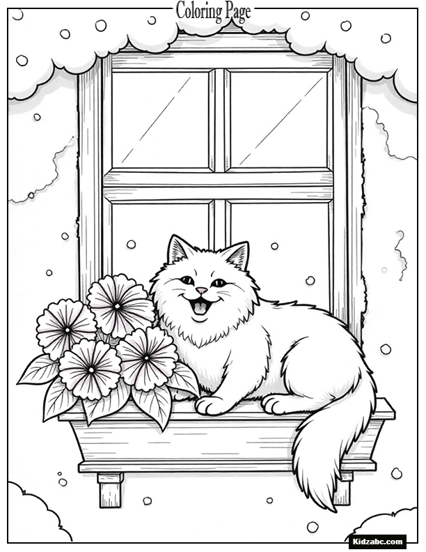 A windowsill full of blooming geraniums with a cat stretching and yawning beside them