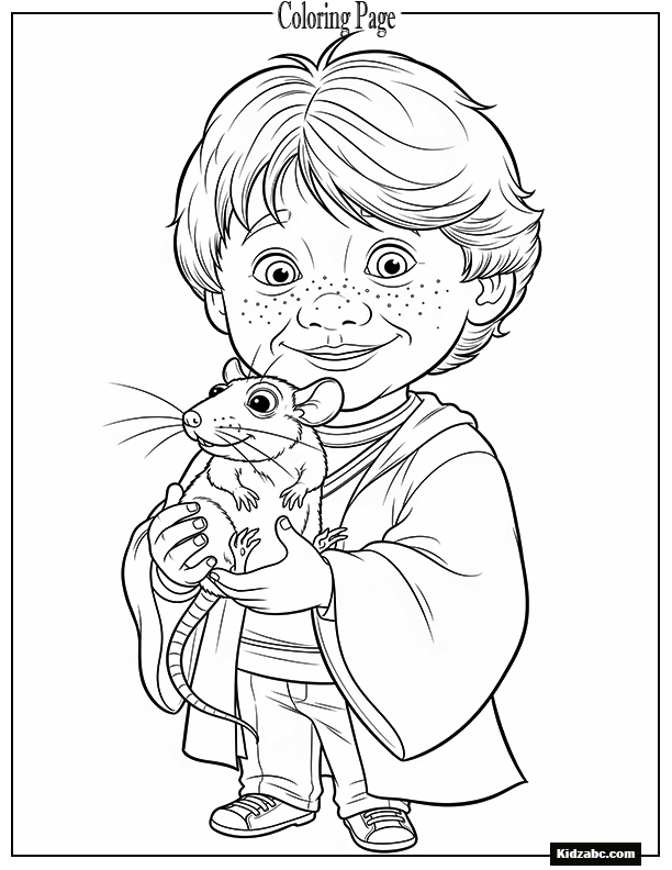 A young Ron Weasley affectionately holding his pet rat