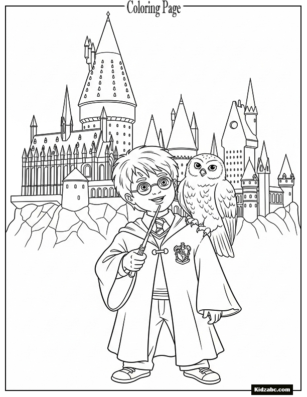 A young, smiling Harry Potter in his oversized Hogwarts robes