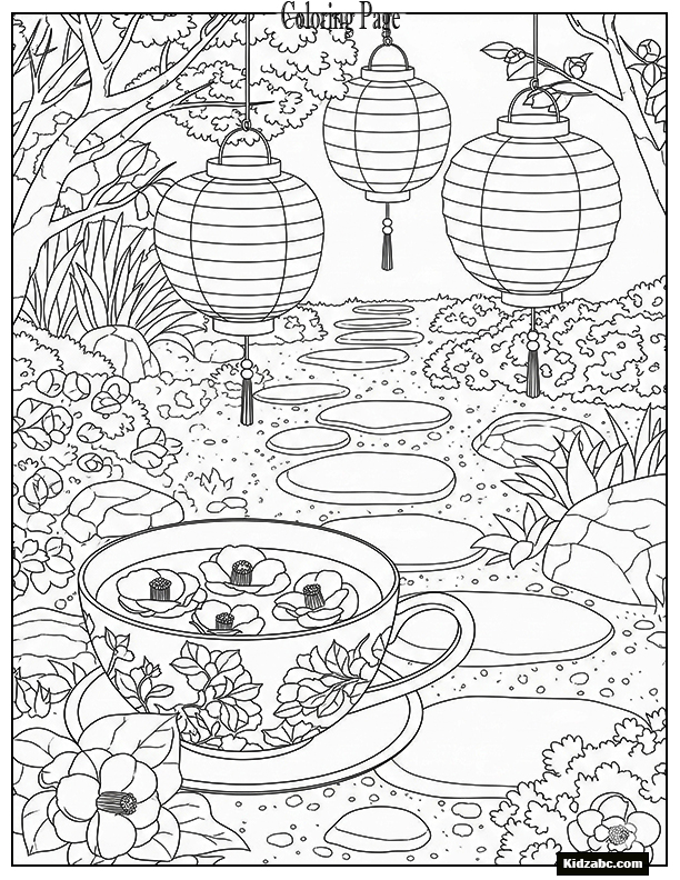 A zen tea garden with camellia petals floating in a teacup and lanterns hanging nearby.