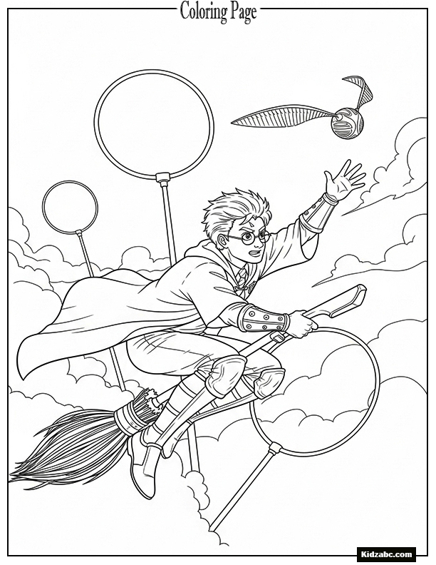An action-packed scene of Harry on his Nimbus 2000 broomstick