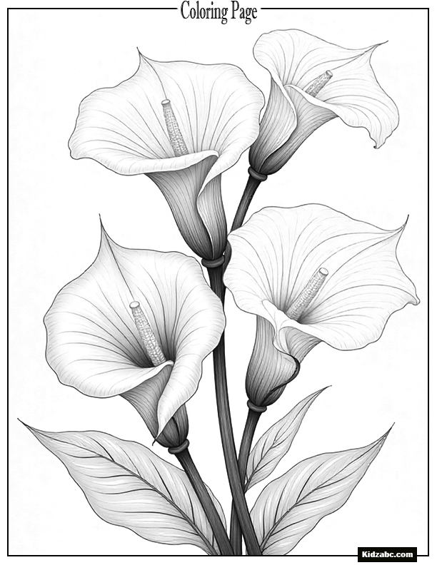 An elegant black-and-white calla lily composition with soft lines and swirls.