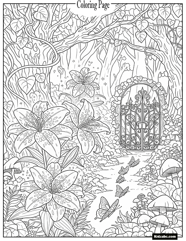 An enchanted forest with giant glowing lilies, vines with heart-shaped leaves