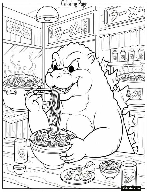 Cartoon-style Godzilla eating noodles at a ramen shop
