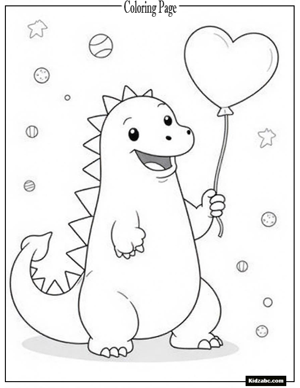 Cartoon-style Godzilla holding a heart-shaped balloon, smiling