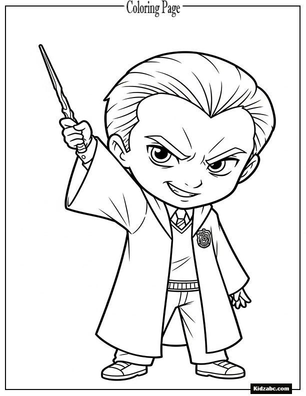 Chibi Draco Malfoy smirking with slicked-back hair and wand raised