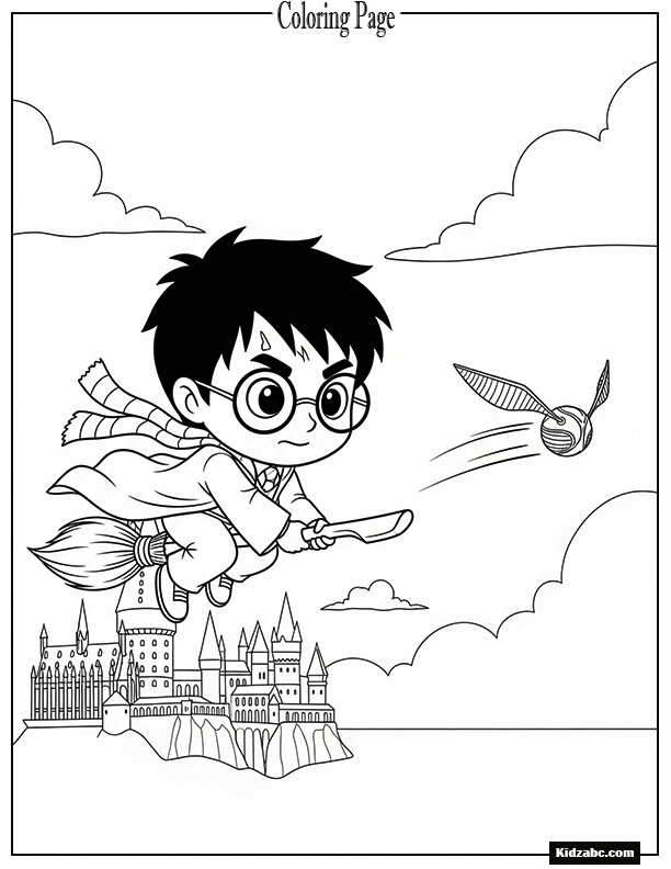 Chibi Harry flying a broomstick chasing the Golden Snitch
