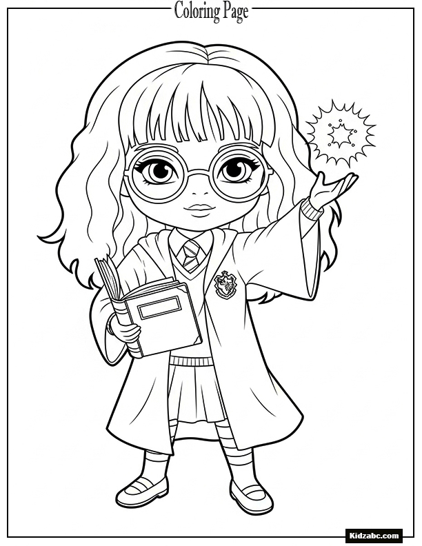 Chibi Hermione Granger with a book in one hand and a spell in the air