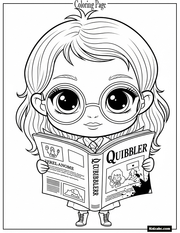 Chibi Luna Lovegood with big eyes, holding The Quibbler
