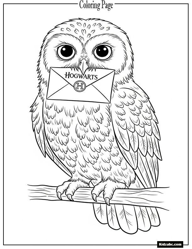 Cute Hedwig the owl holding a Hogwarts letter in her beak