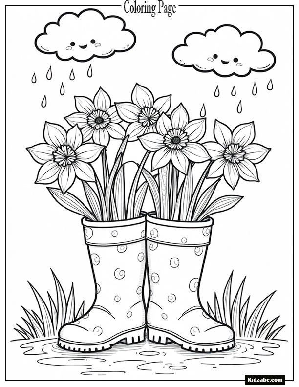 Daffodils popping out of rain boots on a rainy day with smiling clouds above.