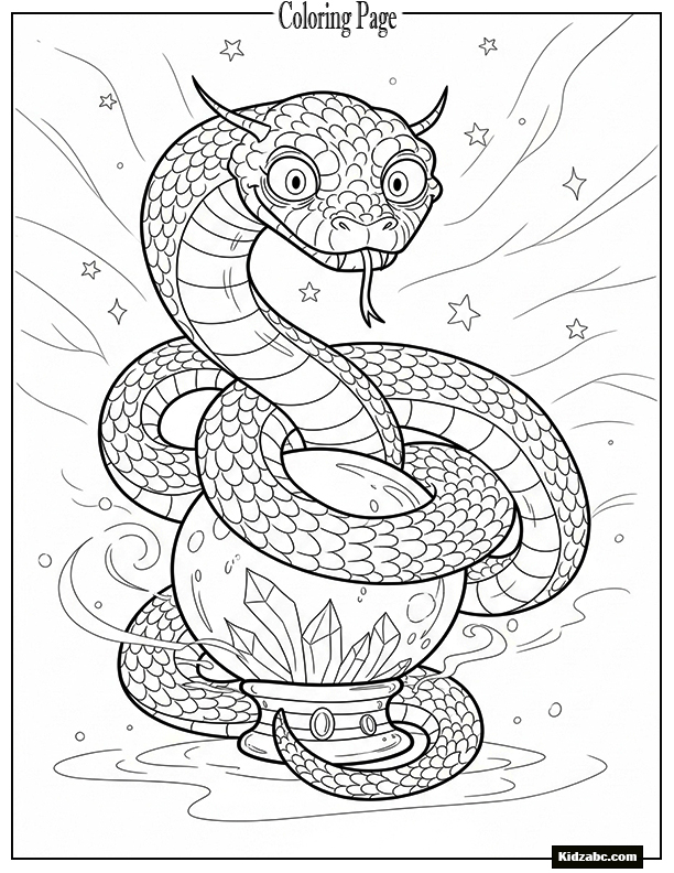 Funny Nagini curled around a magic ball with little fangs showing