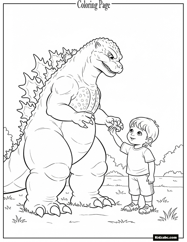 Godzilla and a tiny human child becoming friends