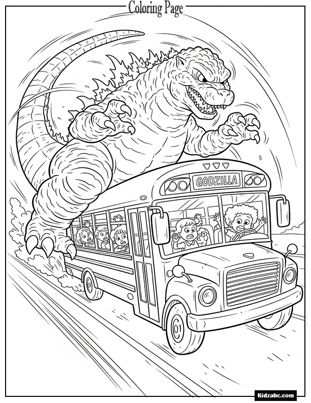 Godzilla chasing a school bus in a comic way