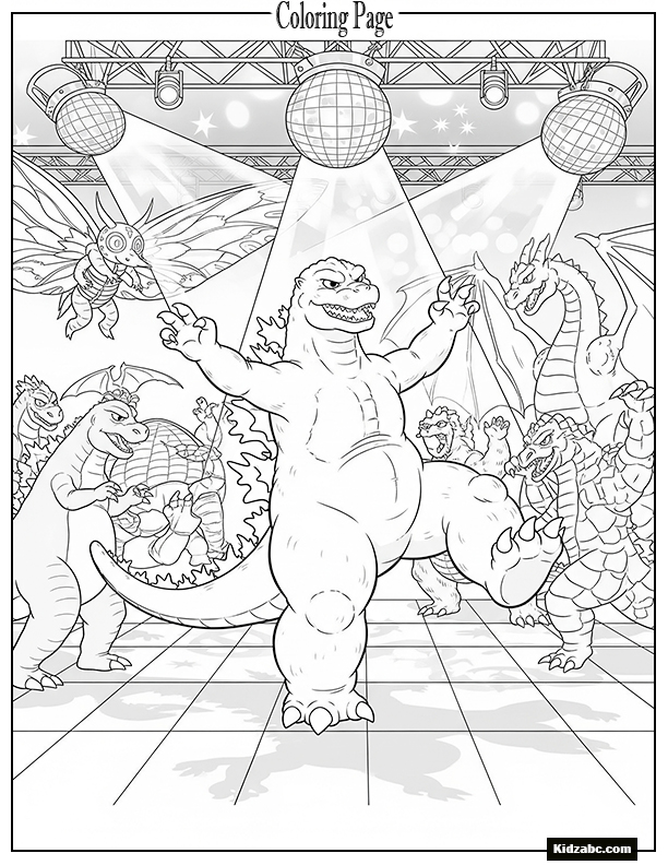 Godzilla dancing at a monster party with disco lights