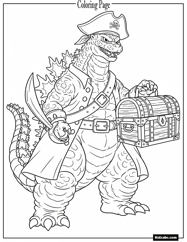 Godzilla dressed as a pirate with a treasure chest