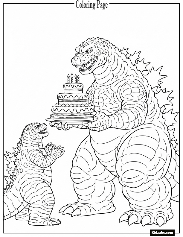 Godzilla holding a birthday cake for another monster