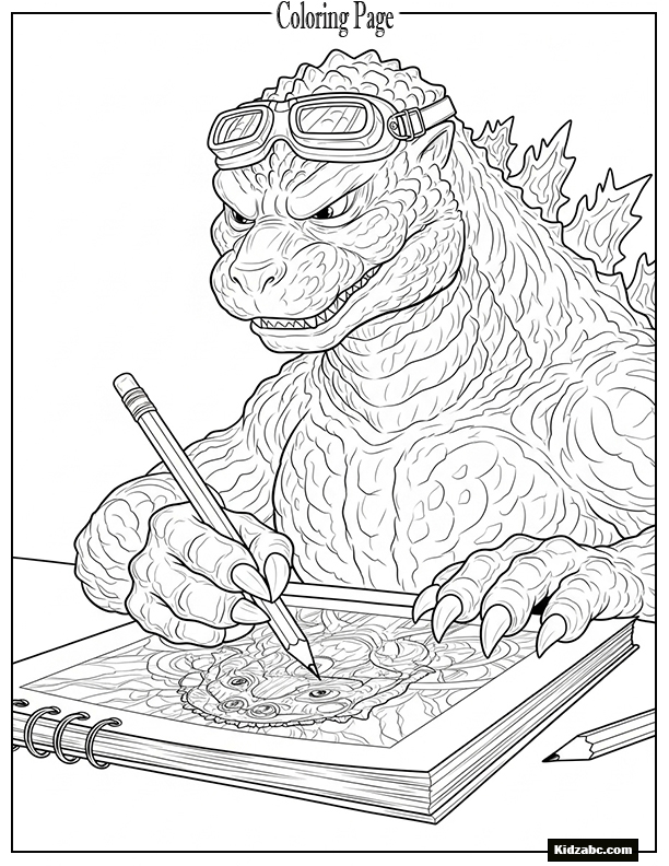 Godzilla holding a pencil and drawing on a huge sketchbook