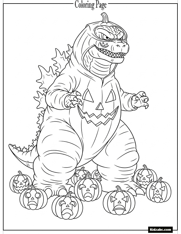 Godzilla in a Halloween costume scaring pumpkins