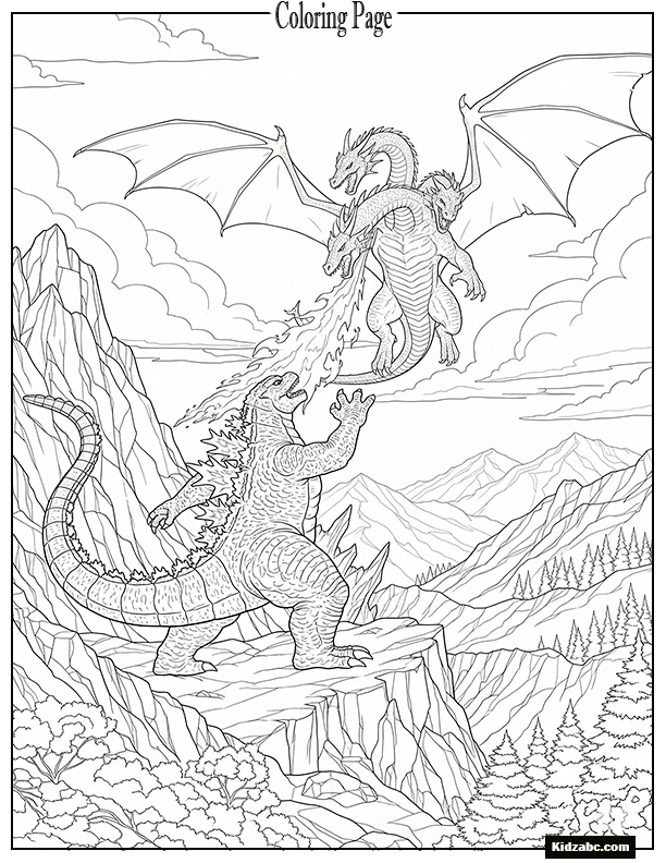 Godzilla-inspired creature battling a flying three-headed dragon on a mountain