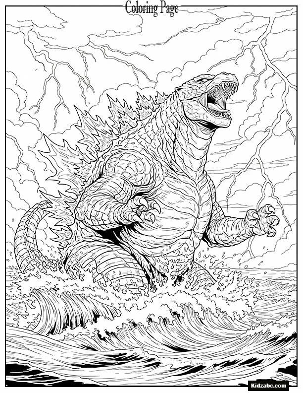 Godzilla-like creature emerging from the ocean during a lightning storm, roaring in fury
