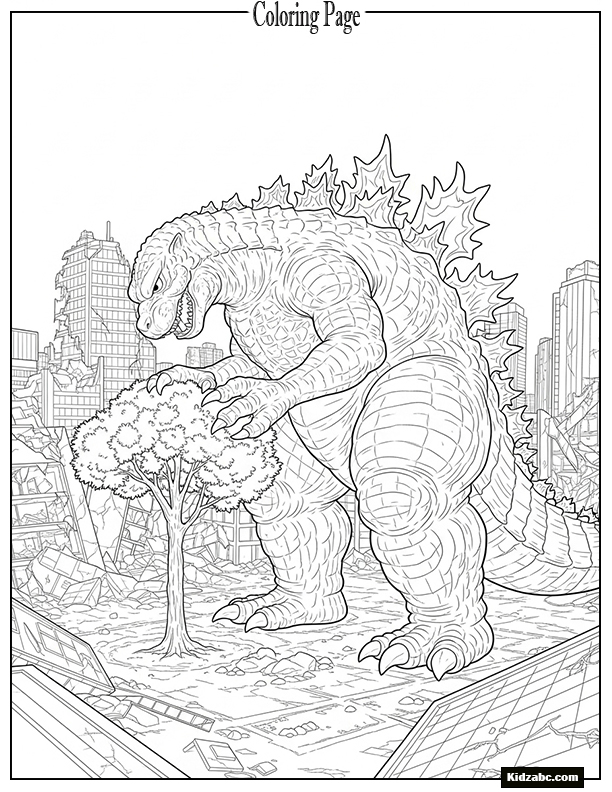 Godzilla planting a tree in a destroyed city