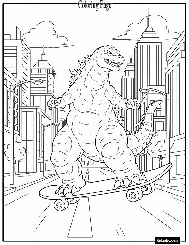 Godzilla riding a skateboard through a city