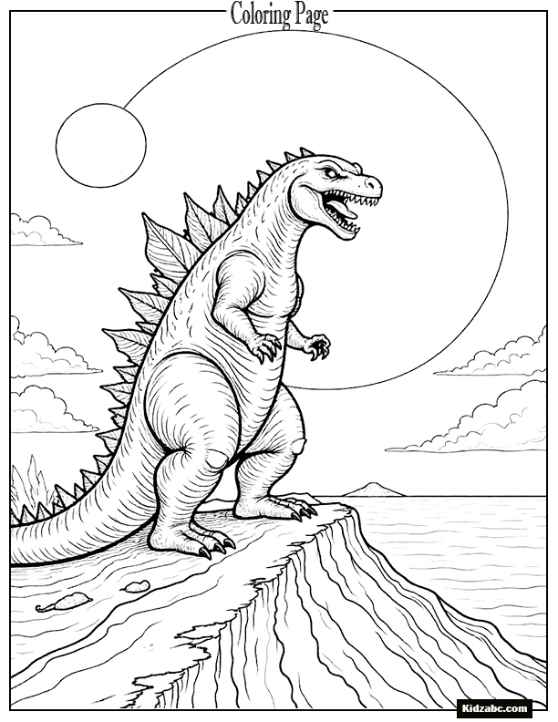 Godzilla roaring at the moon, standing on a volcano