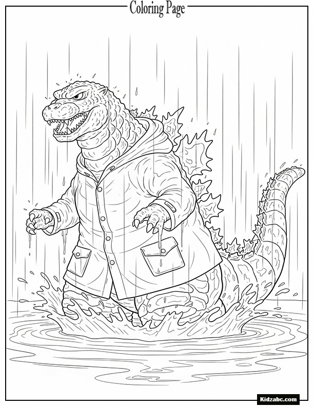 Godzilla splashing in a rain puddle with a raincoat