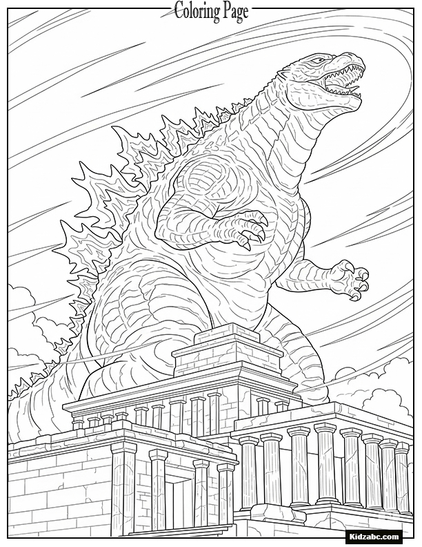 Godzilla standing on top of an ancient temple, roaring into the wind