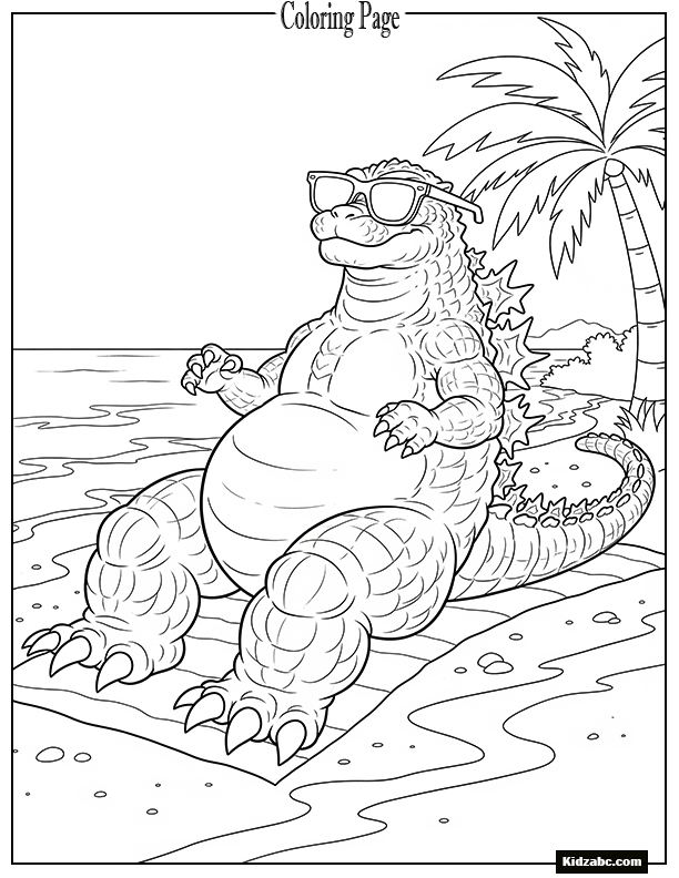 Godzilla sunbathing on the beach with sunglasses